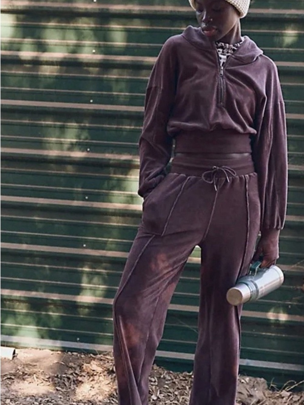 FP Movement by Free People BROWN Velvet Track Pants & Hoodie Set